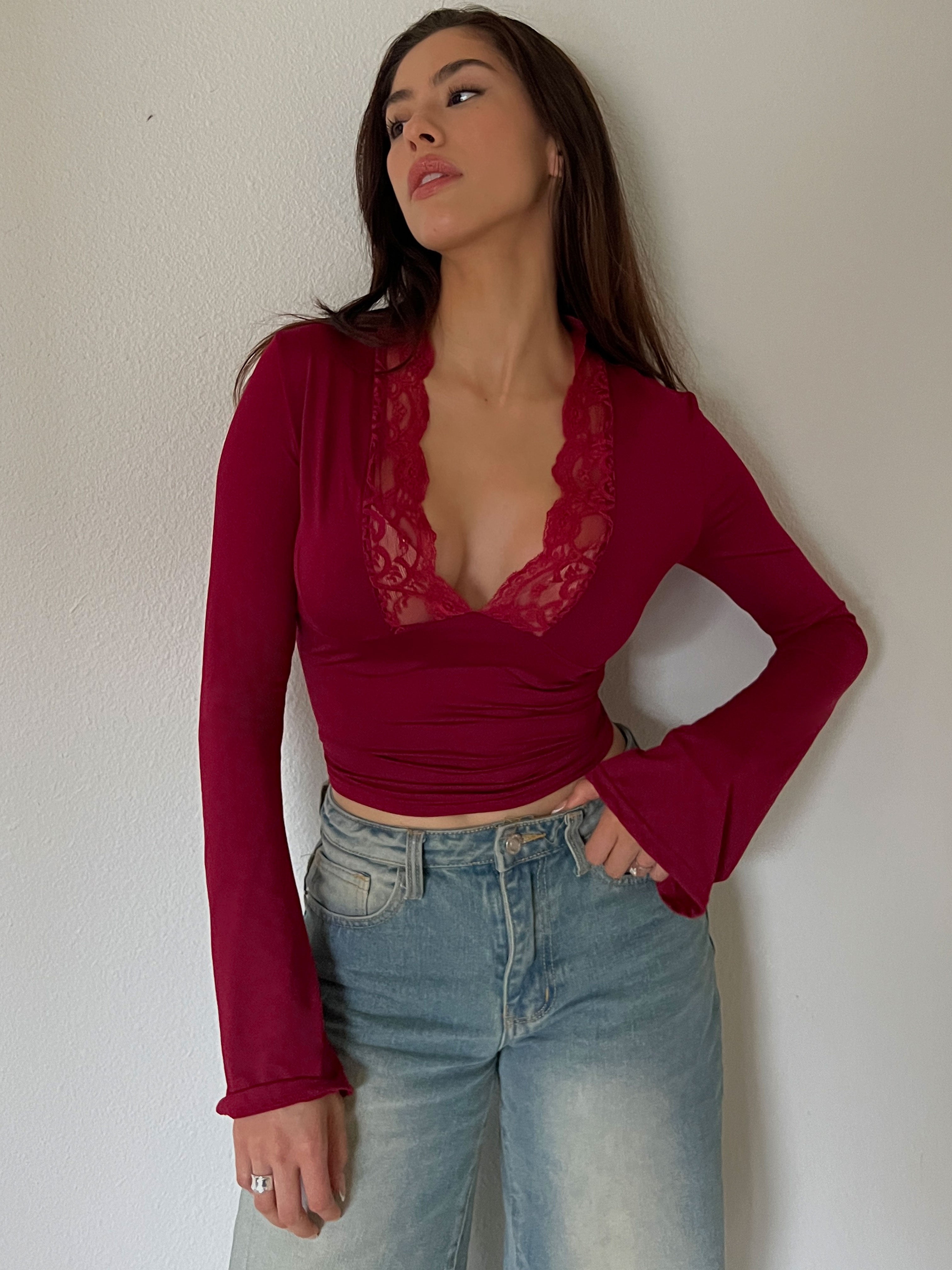 Veyles's Lace Top Perfect Fit Wine Red
