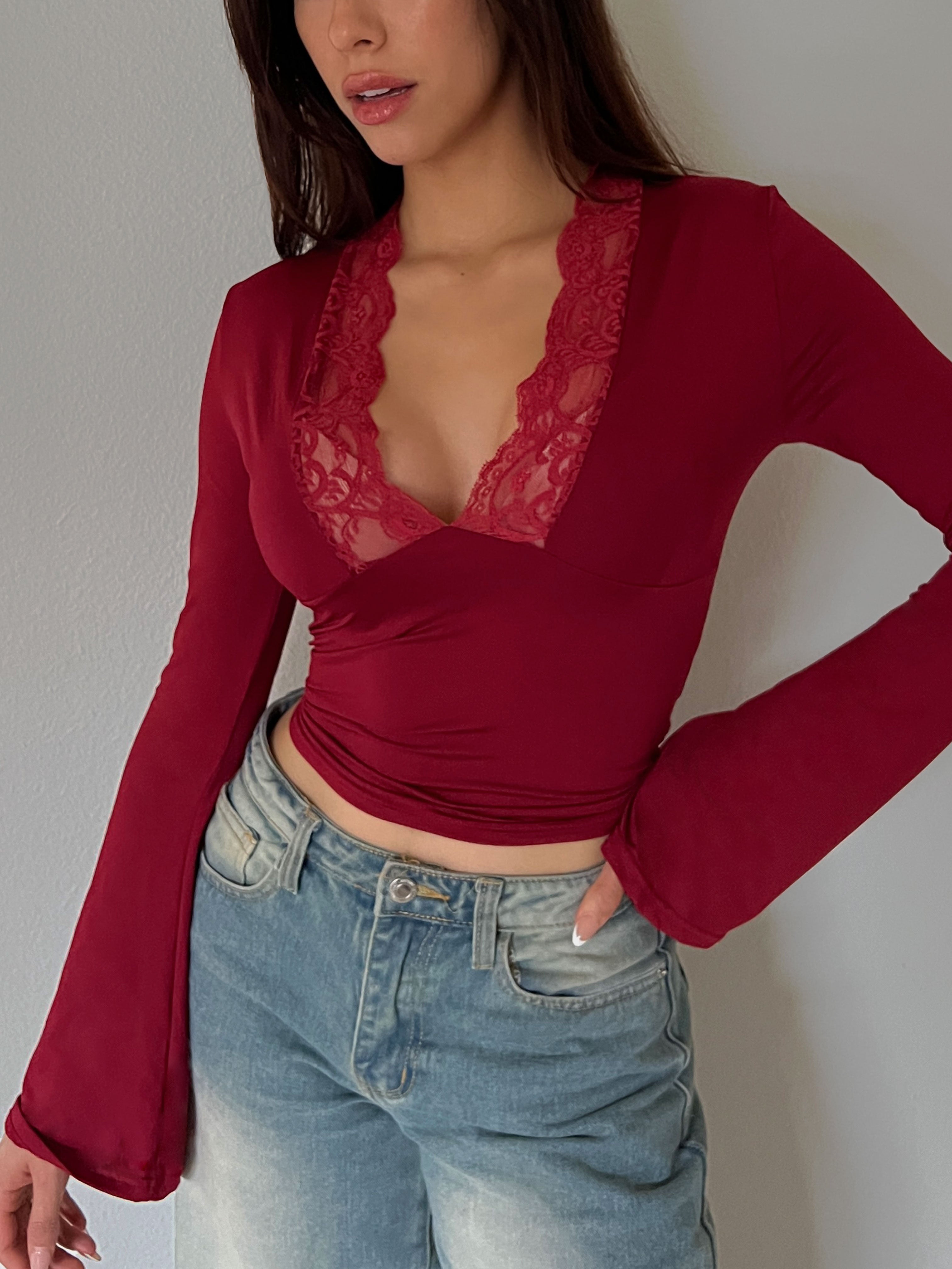 Veyles's Lace Top Perfect Fit Wine Red